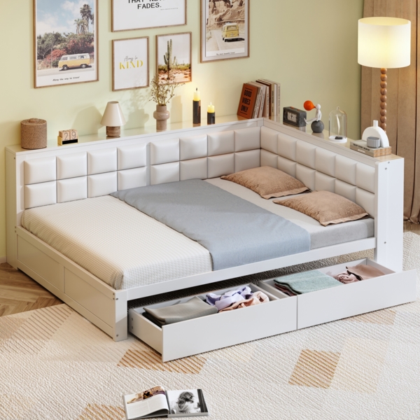 Merax Doppelbett Polsterbett Sofa-Holzbett 140 x 200, Jugendbett multifunktionales Bett mit weicher Rückenlehne, großer Stauraumschublade, aus Kiefernholz, Weiß