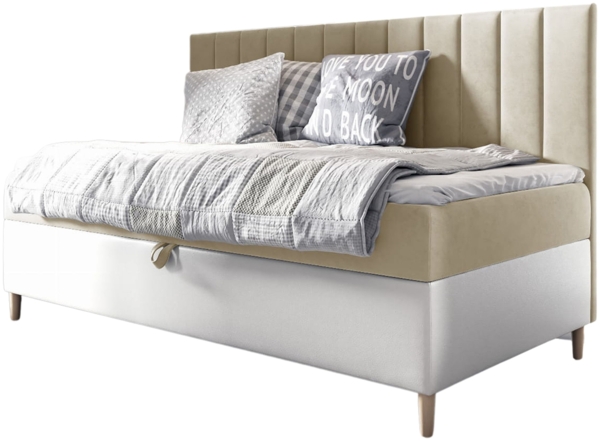 MEBLINI Kinderbett mit Bettkasten MAYA 2 90x200 - H3/Beige Samt Gepolstert Einzelbett mit Matratze - Polsterbett mit Stauraum - Bett mit Kopfteil – Stauraumbett