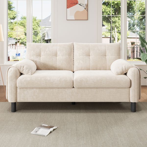 Modernes 2-Sitzer Sofa, bequemes Polstersofa aus Chenille Stoff mit dicken Kissen, gemütliche Couch für Wohnzimmer, Schlafzimmer, kleine Wohnung, Beige