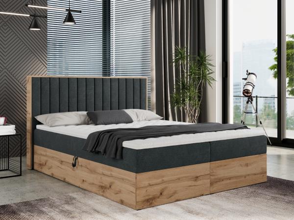 Boxspringbett mit dekorativem Kopfteil und zwei Bettkästen, Eiche Holzrahmen - ALBERO 4 - 180x200 cm - Dunkelgrau Stoff - H3