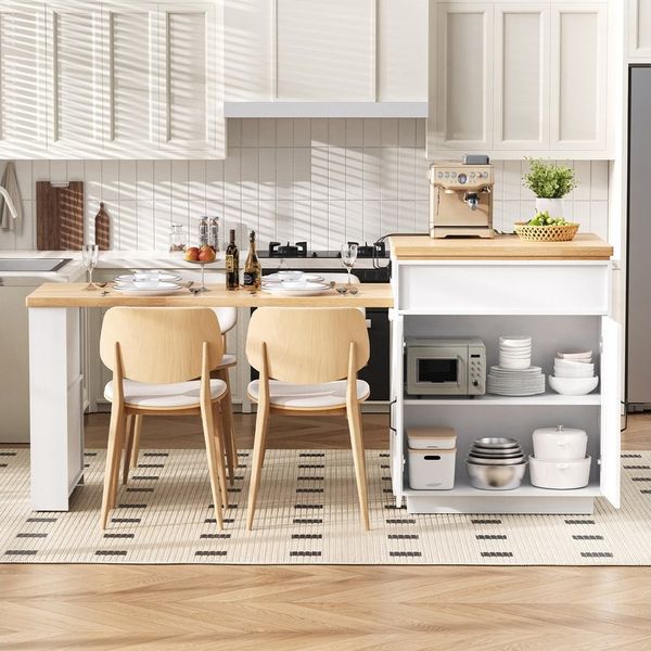HAUSS SPOLE Kücheninsel ausziehbarer Tischfunktion,Sideboard Küchenwagen für Küche & Esszimmer, (mit ausziehbarem Tisch für Küche und Esszimmer: weißer Korpus mit Platte in Naturholzoptik, abgerundete Kanten und verdeckte Rollen für eine ruhige, modern...