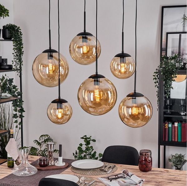 hofstein Hängeleuchte Hängelampe aus Metall/Glas in Schwarz/Bernstein, ohne Leuchtmittel, moderne Pendelleucht im Retro/Vintage-Design (20, 25, 30 cm), 6x E27