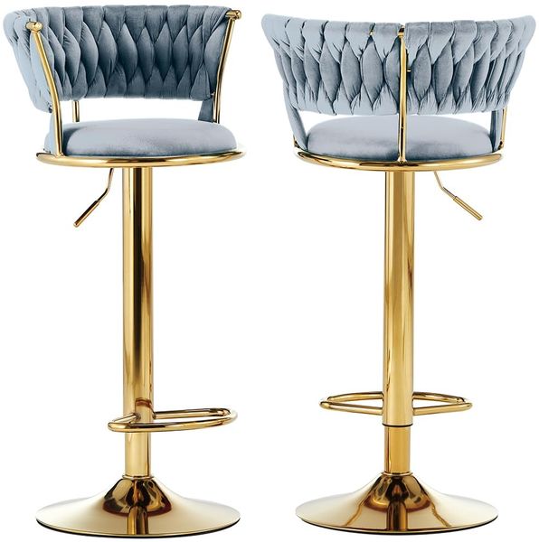 BAKAJI Set mit 2 Küchenhockern mit Samtbezug und geflochtener Rückenlehne und Verstellbarer Höhe, Barstühle, Restaurant, drehbarer Rahmen aus Gold mit Fußstütze, modernes Design (Grau)