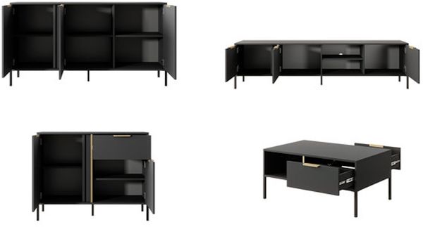 Wohnzimmer-Set Lars Wohnwand Couchtisch anthrazit gold