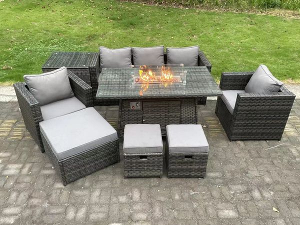 Fimous 8-Sitzer Wicker Polyrattan Gartenmöbel Set Gas Feuerstelle Esstisch Gasheizung Brenner Mit 2 Sessel Beistelltische Fußhocker Dunkelgrau Gemischt