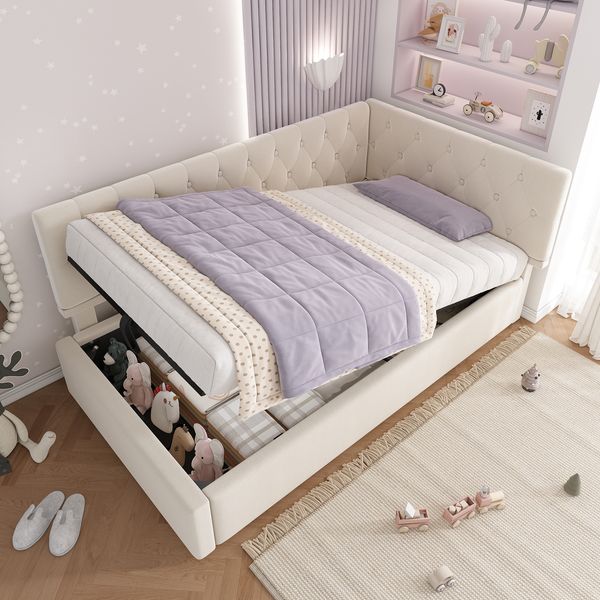 Merax Polsterbett Tagesbett Daybett 90x190cm, Schlafsofa mit hydraulischem Stauraum, Kinderbett Jugendbett Bettgestell mit Lattenrost aus Holz, Samt, Beige