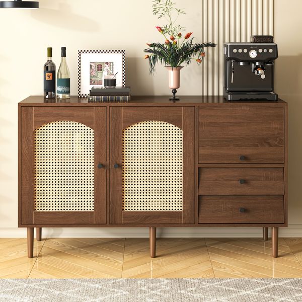 Sideboard, Spanplatte mit Rattantüren & verstellbaren Einlegeböden, 130x40x75,5 cm, Holzfarbe
