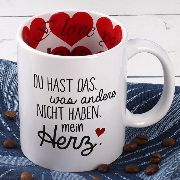 Herz & Heim Tasse mit Liebes-Motiven für Paare & Verliebte als Geschenk zum Valentinstag, innen & außen bedruckt