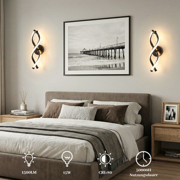 BlingBin LED Wandleuchte Wandlampe Innen 15W 1500LM für Schlafzimmer, Warmweiß, 3000K, LED fest integriert, Warmweiß, gebogene Design Wandlicht für Wohnzimmer Treppenhaus Flur