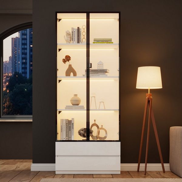 MODFU Vitrine mit Glasfront & App-Steuerung (Bücherregal, Beistellschrank, Hochschrank, 1-St, Glas- und Schubladenkombination) Aluminiumrahmen – 6 Ebenen & 2 Schubladen