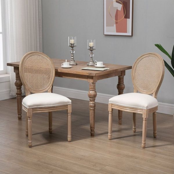 HOMCOM Esszimmerstuhl Küchenstuhl mit Rattan-Rückenlehne (Polsterstuhl, 2 St), Cremeweiß+Natur 49 x 56 x 96 cm