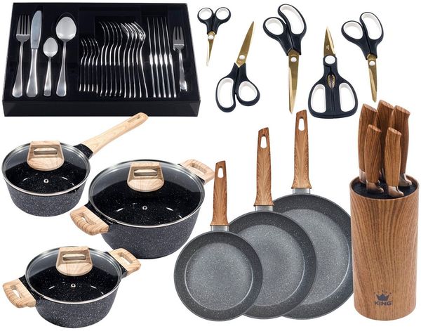 KING Topf-Set Essential 21, Aluminiumguss (Set, 51-tlg, 3Töpfe,5Messer,Messerblock,3Pfannen,Etui,Menü-+Kuchenbesteck,5Schere), Holzoptik, Induktion
