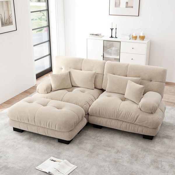 Ecksofa aus Chenille in Light Coffee, modular mit Ottomanen und tiefem Sitz,220x145x81 cm