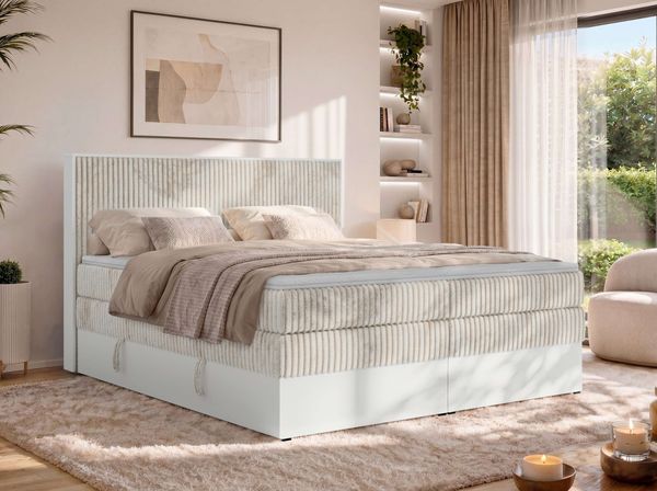 Boxspringbett mit Stauraum TRAVIT KING, Bett mit Gasdruckfedern, Multipocket Matratze H3 und Topper T25, zwei Bettkästen - 140 x 200 cm - Beige Cord