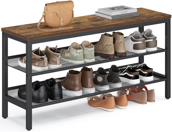 VASAGLE Schuhbank mit 3 Ebenen, Schuhregal, Schuhablage, einteiliges Design, mit erhöhten Kanten, Industrie-Stil, einfache Montage, 28 x 100 x 50 cm, vintagebraun-tintenschwarz LSB075KD02