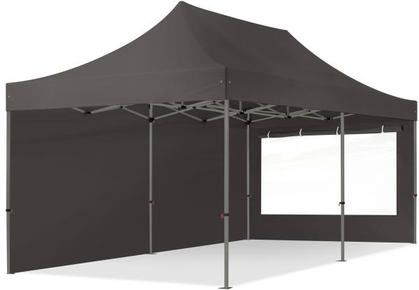 3x6 m Faltpavillon, PREMIUM Stahl 40mm, Seitenteile mit Panoramafenstern, dunkelgrau