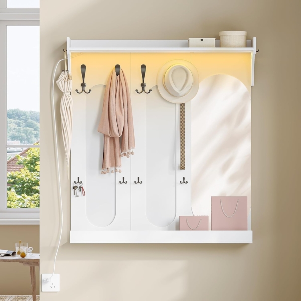 Wandgarderobe mit Spiegel, Garderobenhaken mit 10 Haken, Garderobenleiste, Flurgarderobe für Flur, Ankleidezimmer, Schlafzimmer, 92 x 20 x 100,5 cm, Weiß