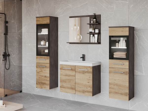 Badmöbel-Set Madrit I (Farbe: Matera / Kastanien Breslau, mit Siphon, mit weißer LED Beleuchtung)