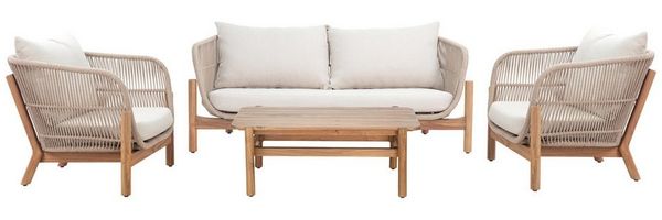 riess-ambiente Loungeset ROPE natur/beige – Sofa, 2 Sessel & Tisch aus Akazie & Aluminium, FSC, (Set, 4-tlg), inkl. Kissen, wetterfest, pflegeleicht, Gartenmöbel, Boho-Stil, Balkon