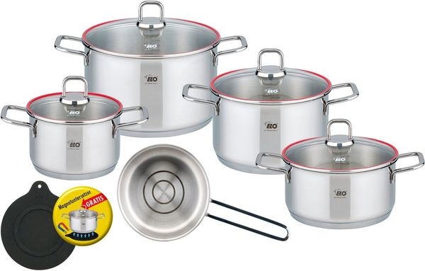 Elo Topf-Set Excellent, Edelstahl 18/10 (Set, 6-tlg, Bratentopf Ø 20 cm, je 1 Fleischtopf Ø 16/20/24 cm, Kasserolle Ø 16 cm), inkl. Untersetzer, mit Literskala, Induktion
