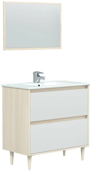 Dmora Berillo-Waschtischunterschrank, Badezimmer-Waschtischunterschrank, Badezimmer-Waschtischunterschrank mit Spiegel, Waschbecken nicht im Lieferumfang enthalten, 80x45h80 cm, Glänzendes Weiß und Eiche