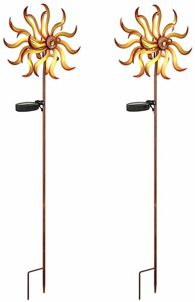 2x LED Solarleuchte, Windrad, Metall gold, Bruchglas, H 92cm
