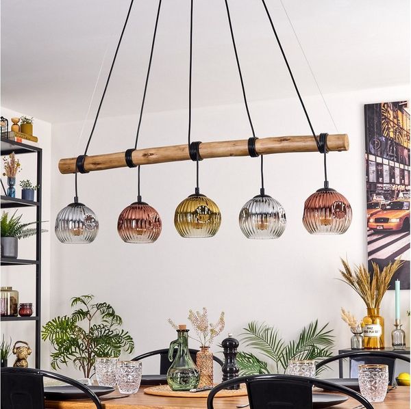 hofstein Pendelleuchte Hängelampe aus Metall/Holz/Riffelglas in Chrom/Rauch/Kupfer/Gold/Klar, ohne Leuchtmittel, Hängeleuchte im Retro/Boho Design mit Glasschirmen und Holzbalken, E27