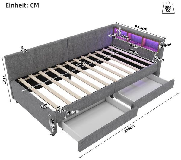 TavilaEcon Daybett Schlafsofa mit Lattenrost, Ablagefach, 90x200 cm