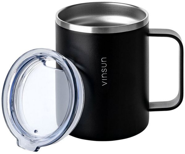 Vinsun Thermobecher Edelstahl Isolierbecher 350ml - Kaffeebecher mit Henkel und Deckel, 2-tlg, Edelstahl, Doppelwandig isoliert, BPA frei, bruchfest, Kalt- und Heißgetränke