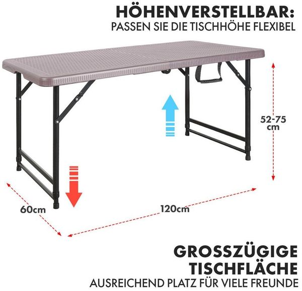 Kubus Campingtisch Klapptisch Lumo, Höhenverstellbar und Wetterfest, 120 x 60 cm
