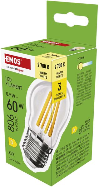 EMOS LED Lampe Edison MiniGlobe, 5,9W Ersatz für 60W Glühbirne, runde Vintage-Glühlampe mit E27 Sockel und Helligkeit 806 lm, Warmweiß 2700 K, 25000 h Lebensdauer, CRI > 80, 360° Abstrahlwinkel