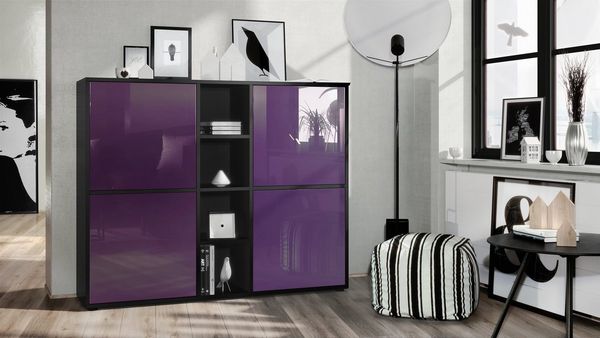 Vladon Highboard Cuba V3, Schwarz matt/Brombeer Hochglanz - Moderne Anrichte mit 12 Fächern (130,5 x 105,5 x 35,5 cm)