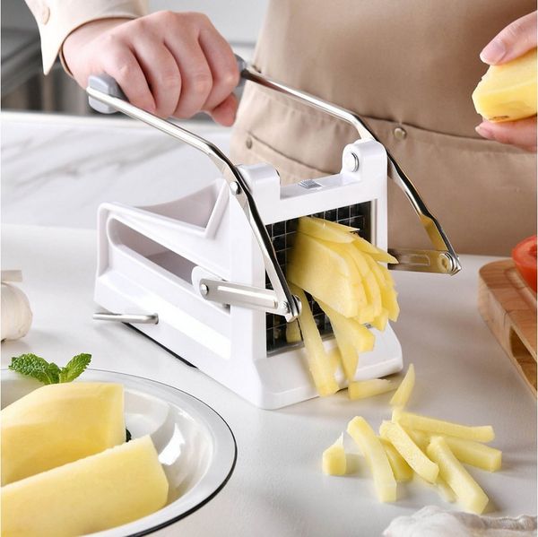 BlingBin Pommesschneider Kartoffelschneider mit 2 Austauschbaren Edelstahl Klingen für Pommes, (1er Set, 1-tlg, Produktgröße: 20 x 10 x 12 cm), Gemüseschneider mit Rutschfester Gummifuß, Pommes für 8/12 mm Sticks