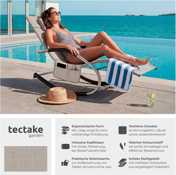tectake Gartenliege ergonomische Sonnenliege, Belastbarkeit 120 kg, 62 x 146 x 92 cm, Balkonliege Taya, 1 St, für Außen in Beige, gepolstert, atmungsaktiv, wasserabweisend, mit Aufbewahrungstasche