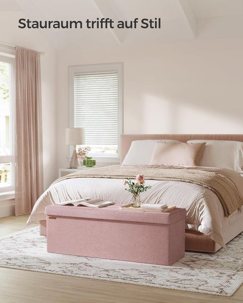Songmics Sitzhocker mit Stauraum, klappbare Sitzbank, 38 x 110 x 38 cm Fußbank, Aufbewahrungsbox, bis 300 kg belastbar, für Wohnzimmer Schlafzimmer Flur, pastellrosa LSF077R11