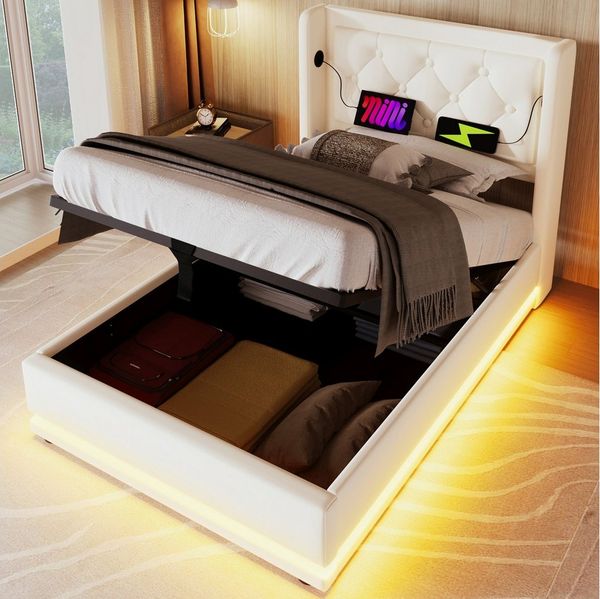 REDOM Polsterbett Jugendbett Bett Stauraumbett gepolsteres Bettgestell USB-Ladeanschluss (Stahlrahmen mit Hydraulisch anhebbarer Bettstauraum Holz-Lattenrost, 2-tlg, Kunstleder Einzelbett mit USB Typ-C Anschluss 90x200 cm mit Matratze), 3-seitige Farbw...
