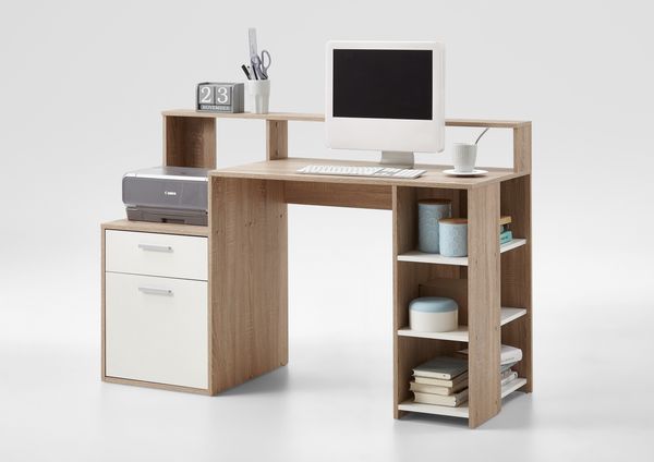 Schreibtisch >BOLTON< in Eiche Dekor-weiß - 138,5x91,6x53,5cm (BxHxT)