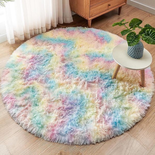 ROHATIM Schlafzimmer Plüsch Teppich Rund Regenbogen 120 x 120 cm
