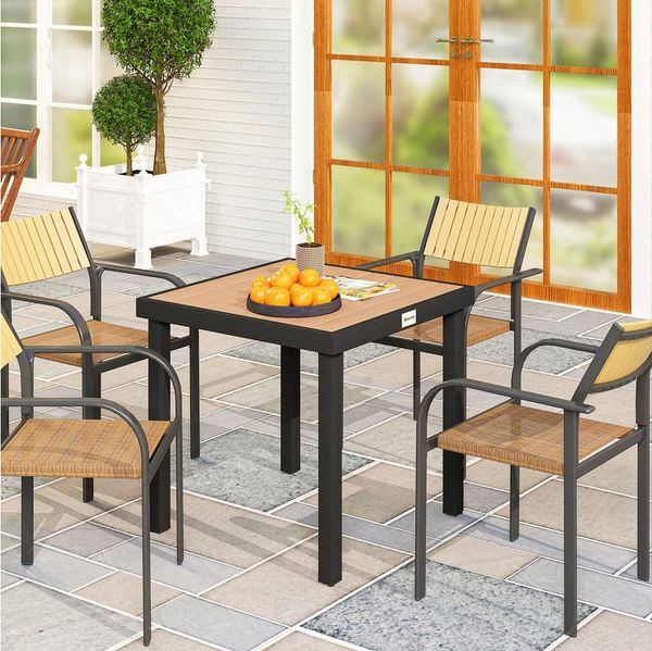 Outsunny Gartentisch für 4 Personen Gartenmöbel Loungemöbel pflegeleicht Kunststoff (Aluminiumtisch, 1-St, Esstisch), Aluminium Naturholz 78L x 78B x 74H cm
