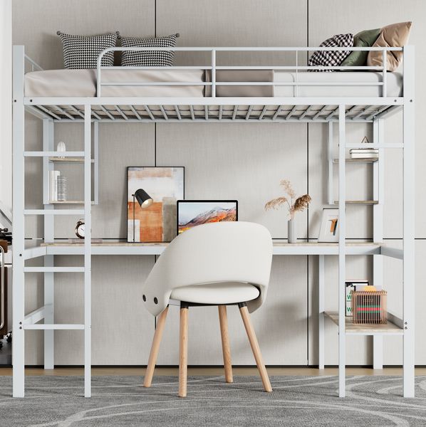Bett 90x200 cm Hochbett aus Metall mit Schreibtisch und Bücherregal, Weiß – platzsparend und sicher