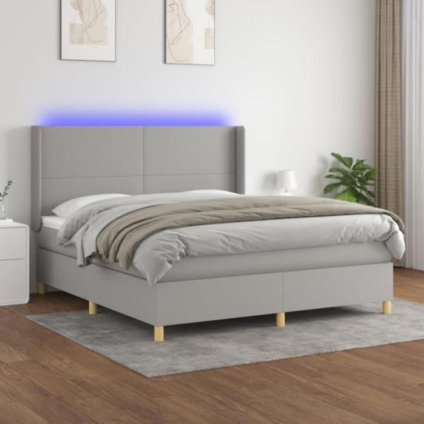 vidaXL Boxspringbett mit Matratze & LED Stoff Hellgrau 180 x 200 cm, Härtegrad: H2 [3138733]