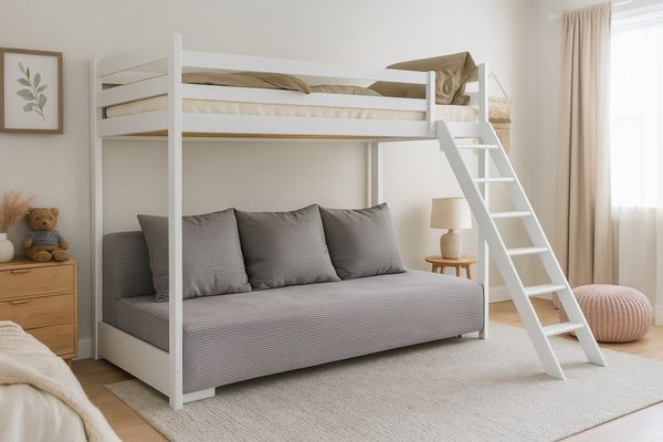 Deine Möbel 24 Etagenbett Jugendbett Couch SIDNEY 90x200/140x200 mit Schlaffunktion (Set, 3-St, Couch in Cord Samt inkl 3 großee Kissen, Weiss Kiefer Natur Grau Beige), Funktionsbett aus Kiefernholz Vollholz inkl. Leiter Lattenrost