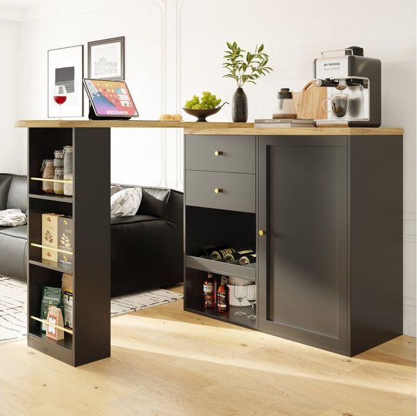 Flieks Bartisch 360° drehbare Stehtisch mit Sideboard (Set, 1-St, mit 2 Schubladen und 1 Türen), ausziehbar Esstisch mit Aufbewahrungsschrank Bistrotisch Schwarz