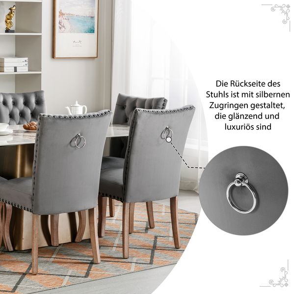 Merax 6er Set Esszimmerstuhl Küchenstuhl Wohnzimmerstuhl, 6 St, Polsterstuhl mit Nagelkopfbesatz, Beinen aus Massivholz, Bezug aus Samt, Grau Bild 6
