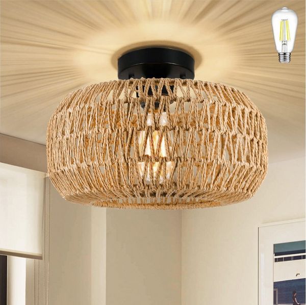 LMaxhome LED Deckenleuchte Hängend Boho Rattan Deckenlampe Vintage Kronleuchter Lampenschirm Flur, E27 Glühbirne LED fest integriert Bambus Wohnzimmer Esszimmer Lampe