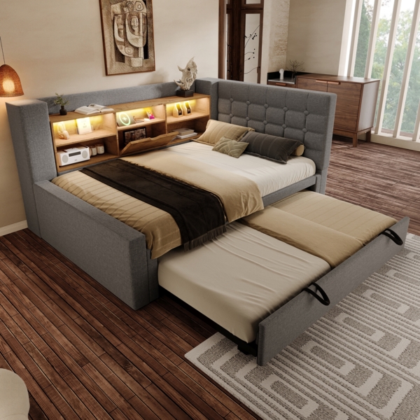 Merax Einzelbett Polsterbett 90x200 cm Gästebett mit Ausziehbett 90x190cm, und LED-Beleuchtung, Struraumbett, L-förmigem Kopfteil mit Stauraum, beidseitig montierbar, Lattenrost, Leinen, Grau
