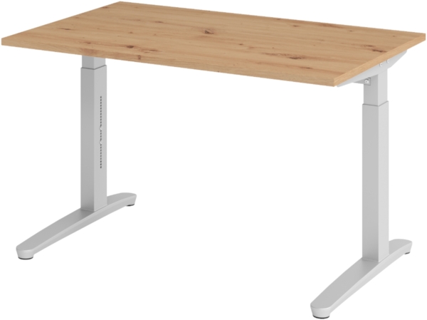 bümö manuell höhenverstellbarer Schreibtisch 120x80 in Asteiche, Gestell in silber - PC Tisch höhenverstellbar & klein, höhenverstellbarer Tisch Büro, kleiner Computertisch verstellbar, X12-R-SS