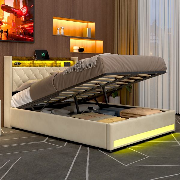 MODFU Polsterbett mit Samtbezug, Matratze und Lattenrost, ergonomisch gepolstert, Beige, 160x200 cm