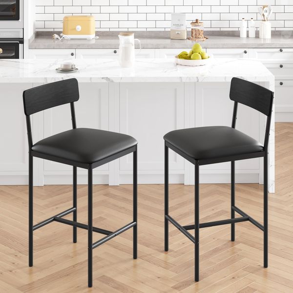 2er Set Barhocker, Barstuhl mit Rückenlehne & Fußstütze, Retro Barhocker mit Fußstütze, Bistrohocker 64cm Hohe, Küchenhocker Einfache Montage, Industrie-Design für Bistro, Küche, Esszimmer, Schwarz
