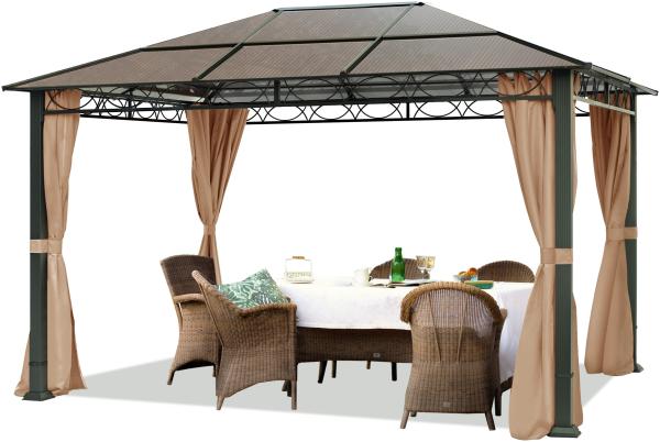 Gartenpavillon 3x4 m wasserdicht ALU DELUXE Pavillon mit 4 Seitenteilen Partyzelt in taupe lichtdurchlässiges PC Dach